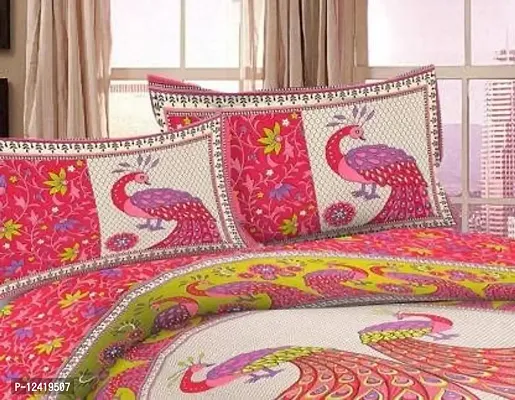 Threads&Treads Rajasthani Jaipuri Traditional Sanganeri Printed 144 TC 100% Cotton Double Bed Bedsheet with 2 Pillow Covers (Pink-Peacock Printed)-thumb2