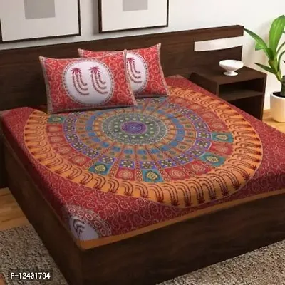 ThreadsTreads Rajasthani Jaipuri Traditional Sanganeri Printed 144 TC 100% Cotton Double Bed Bedsheet with 2 Pillow Covers (Maroon-Printed)-thumb0