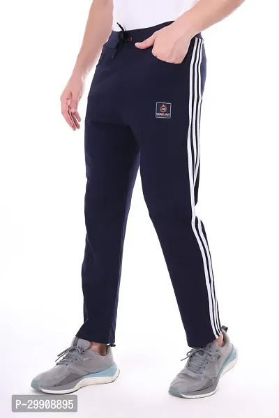 Stylish Blue Cotton Blend Regular Track Pants For Men