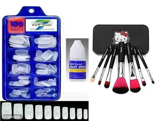 Artificial Nails Set With Glue White Fake Nails Set Of 100 Pcs+Mini Brush Kit With a Storage Box- black, set of 7(BLACK)-thumb0