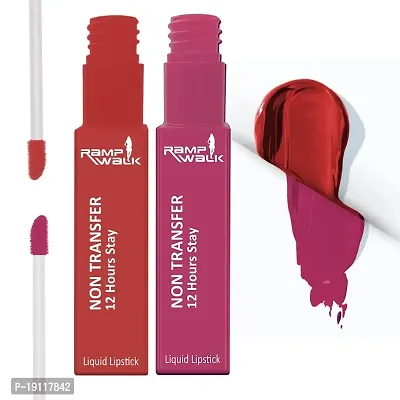 Ramp Walk Powerstay Matte Lip Color, Long lasting, Non Transfer, Water  Smudge Proof, Light Weight Liquid Lipstick, Up to 12hrs Stay, 5ml each (Gift Set | Pack of 2) (Brick Red,Pink Bloom)-thumb0