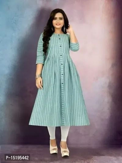 Elegant Teal Cotton Striped Flared Kurta For Women-thumb0