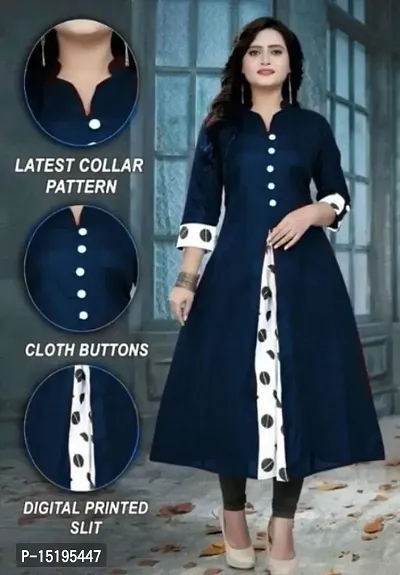 Elegant Navy Blue Khadi Cotton Printed High Slit Kurta For Women