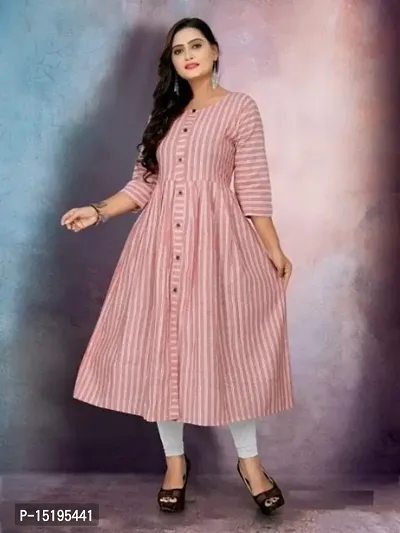 Elegant Pink Cotton Striped Flared Kurta For Women-thumb0