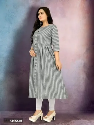 Elegant Grey Cotton Striped Flared Kurta For Women-thumb0