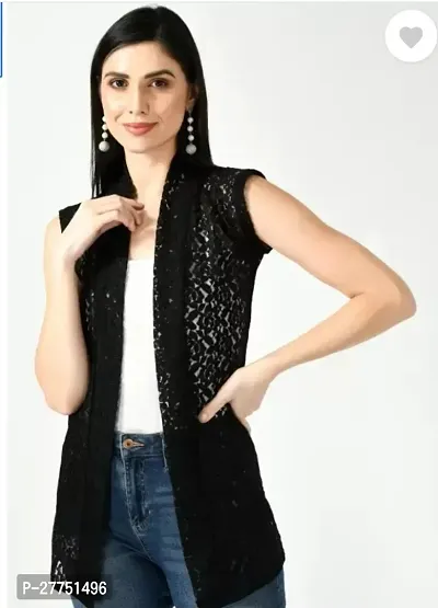 RAYWARE Women Jacket Style Sleeveless Black Shrug-thumb0