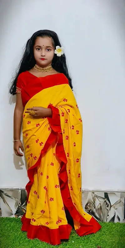 All Over Embroidery Work Kids Saree Without Blouse Piece