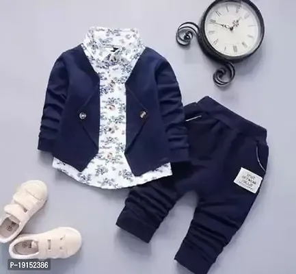 Fabulous Blue Cotton Printed Shirt Jacket with Trousers For Boys