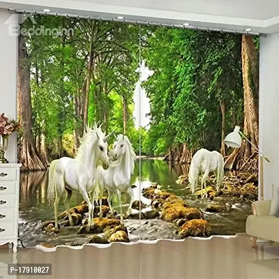 KHD 3D Horse Animals Digital Printed Polyester Fabric Curtains for Bed Room Kids Room Living Room Color Green Window/Door/Long Door (D.N.628) (1, 4 x 7 Feet (Size ; 48 x 84 Inch) Door)-thumb0