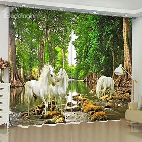 KHD 3D Horse Animals Digital Printed Polyester Fabric Curtains for Bed Room Kids Room Living Room Color Green Window/Door/Long Door (D.N.628)