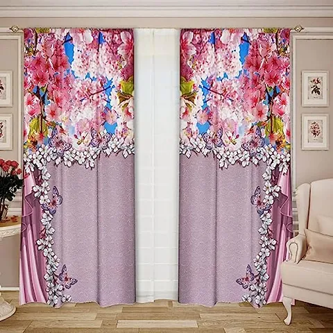 KHD 3D Flowers Digital Printed Polyester Fabric Curtains for Bed Room Kids Room Living Room Color Pink Window/Door/Long Door (D.N.803)