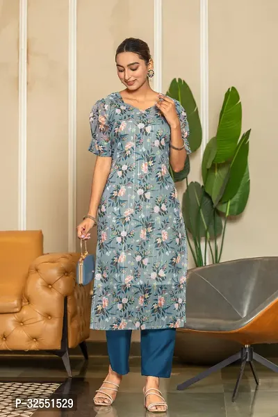 Fancy Organza Printed Kurtas For Women-thumb0