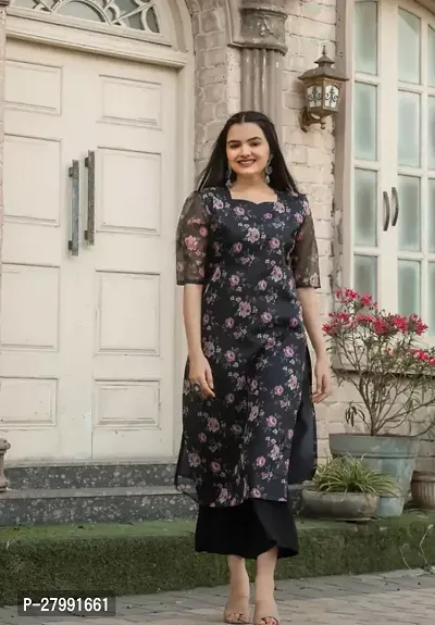 Straight Black Printed Net Kurta-thumb0