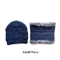 Unisex Woolen with Faux Fur Inner Side Beanie Cap and Neck Muffler Winter Combo Set (Navy Blue)-thumb1