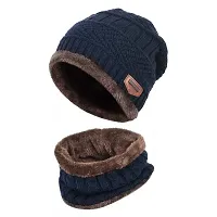 Unisex Woolen with Faux Fur Inner Side Beanie Cap and Neck Muffler Winter Combo Set (Navy Blue)-thumb2