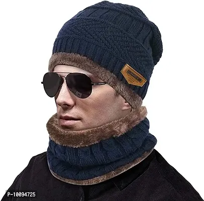 Unisex Woolen with Faux Fur Inner Side Beanie Cap and Neck Muffler Winter Combo Set (Navy Blue)-thumb5