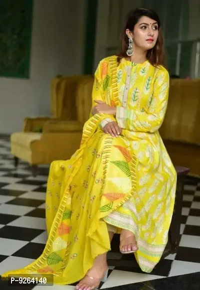 Yellow Rayon Printed Ethnic Gowns For Women