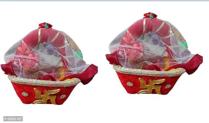 Tokri for Laddu Gopal Ji Tokri with Handles for Thakurji Travelling (size-Medium) Fiber Flower Basket Suitable for Thakur Ji) (red) Pack of 2