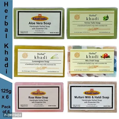 Khadi Natural Herbal handmade Aloevera, Neem Tulsi, Lemongrass, Mix fruit, Rose Water, Multani Mitti  Haldi Soap for bath for skin whitening (pack of 6)-thumb2