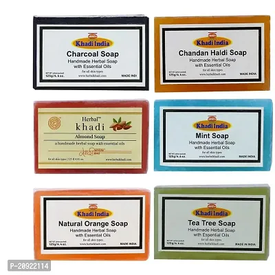 Herbal Khadi Natural Handmade Natural Orange Soap, Tea Tree Soap, Almond Soap, Mint Soap, Charcoal Soap  Chandan Haldi Herbal Soaps for your skin Herbal Soap Men  Women (Pack of 6)
