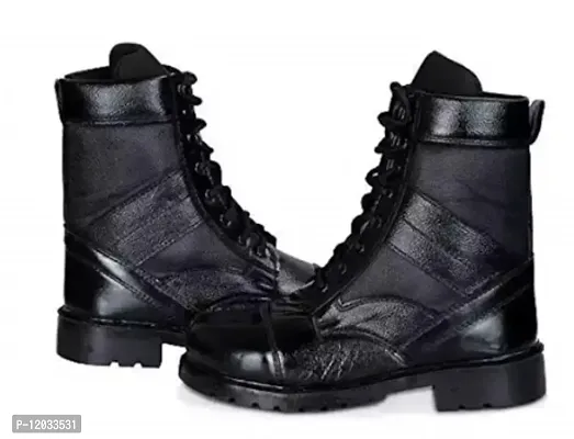Stylish Black Leather Self Design Combat Boots For Men