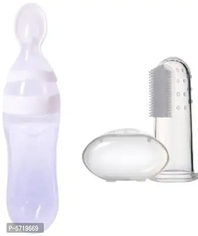 BPA Squeeze Style Bottle Feeder with Dispensing Spoon and Baby Silicone Finger Toothbrush with case for Toddlers  Kid- Combo of 2