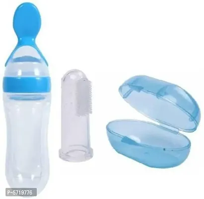 BPA Squeeze Style Bottle Feeder with Dispensing Spoon and Baby Silicone Finger Toothbrush with case for Toddlers  Kid- Combo of 2-thumb0