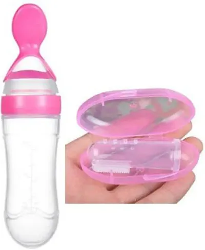 BPA Squeeze Style Bottle Feeder with Dispensing Spoon and Baby Silicone Finger Toothbrush with case for Toddlers  Kid- Combo of 2-Pink
