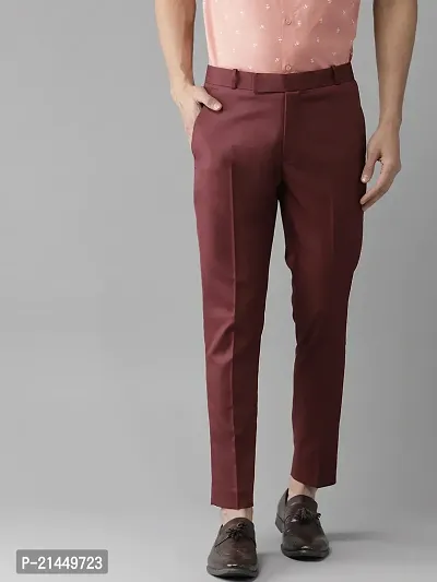 Elegant Cotton Blend Maroon Solid Regular Fit Casual Trouser For Men-thumb0
