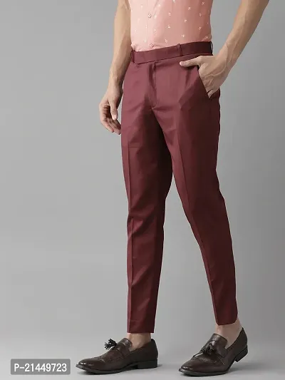 Elegant Cotton Blend Maroon Solid Regular Fit Casual Trouser For Men-thumb3