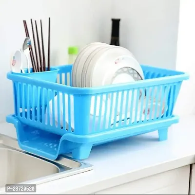 Loukya Multipurpose 3 in 1 Large Sink Set Dish Rack Drainer with Tray Large Size, Drying Rack Washing Basket with Tray for Kitchen, Dish Rack Organizers (Blue)-thumb0