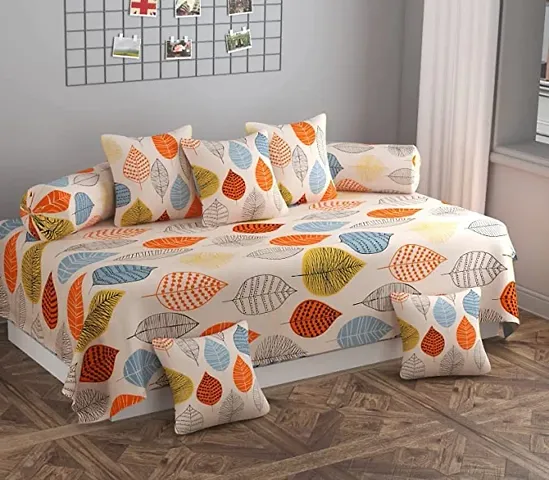 STEDO Homes | Soft Glace Cotton 8 Pieces Deewan Set | One Single Divan Bed Sheet with Five Cushion & Two Bolster Covers | Creamy Orange, Medium
