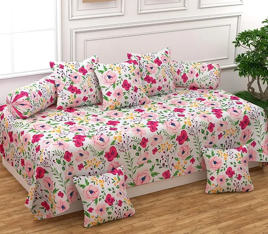 Mohit Textile Cotton Flower 8 Pieces Diwan Set for Single Bed ( Single Bedsheet 60 X 90 inches , 5 Cushion Covers 16 X 16 inches , 2 Bolster Covers 16 X 32 inches , Standard )