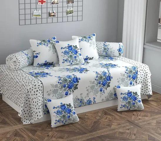 STEDO Homes | Soft Glace Cotton Floral 8 Pieces Deewan Set | One Single Divan Bed Sheet with Five Cushion & Two Bolster Covers | White Blue, Medium