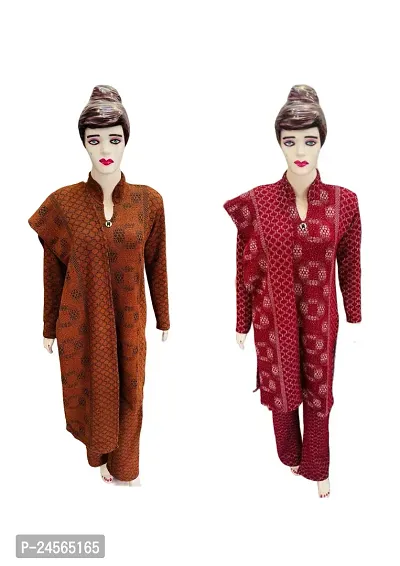 Stylish Wool Womens Multi Shades Kurta, Bottom and Dupatta Set Pack of 2