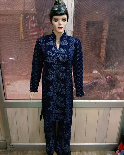 Stylish Woolen Straight Floral Printed Kurta Bottom Set