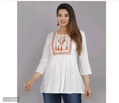 Elegant White Rayon Embroidered Tunic For Women