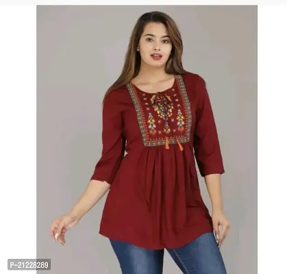 Elegant Maroon Rayon Embroidered Tunic For Women