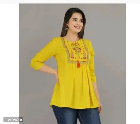 Elegant Yellow Rayon Embroidered Tunic For Women-thumb0