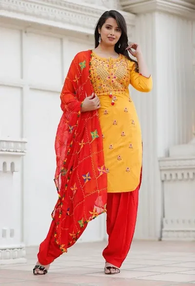 Classic Rayon Embroidered Kurta, Bottom and Dupatta Set for Women