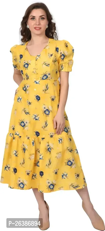 Stylish Yellow Cotton Printed Fit And Flare Dress For Women
