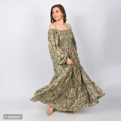 Stylish Green Cotton Printed Fit And Flare Dress For Women-thumb3