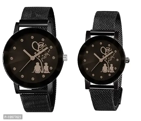 KIARVI GALLERY Metal Strap Casual Lovers Couples Unique Design Magnetic Analog Men's and Women's Watch - Black - Pack of 2-thumb0