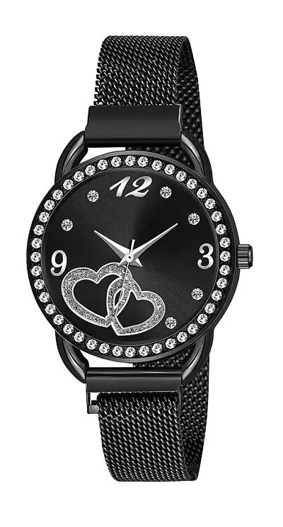 KIARVI GALLERY Casual Analogue Heart Dial Full Diamond Designer Magnetic Metal Strap Analog Girl's and Women's Watch (Black)