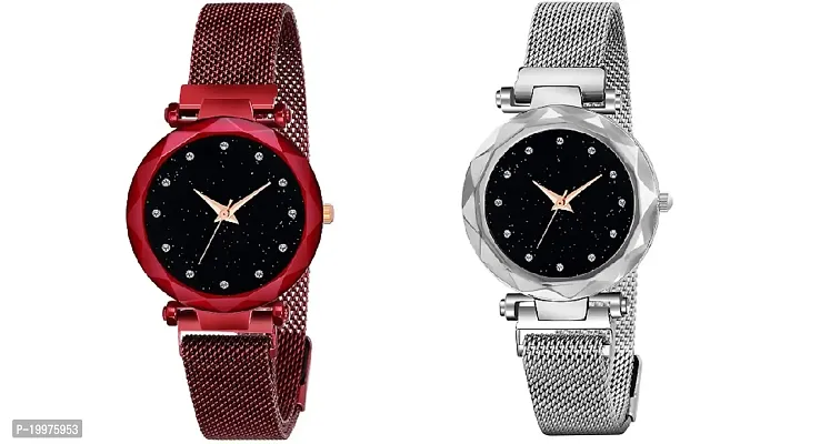 KIARVI GALLERY Silver and red Color Magnetic Strap Buckle Combo Watch for Women