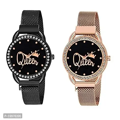 KIARVI GALLERY Black and Gold Queen Dial Full Diamond Designer with Magnetic Metal Strap Analog Watch for Girl's and Women (Pack of 2)