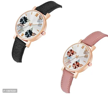 KIARVI GALLERY Analogue Flowered Dial Unique Designer Leather Strap Women's and Girl's Watch (Peach-Black)-thumb2