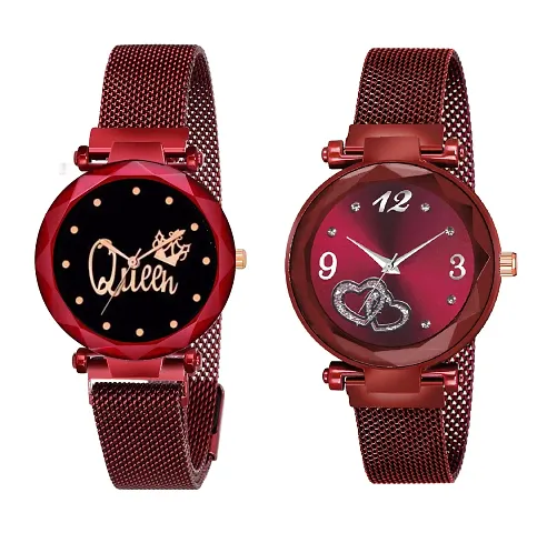 KIARVI GALLERY Queen and Heart Dial Combo Magnetic Strap Analogue Watches for Girl's and Women (Pack of 2) (Red Colored, and Dial)