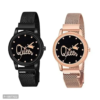 KIARVI GALLERY Black and Gold Queen Dial Designer with Magnetic Metal Strap Analog Watch for Girl's and Women (Pack of 2)