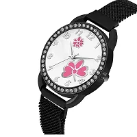 KIARVI GALLERY Casual Analogue Flower Printed Dial Full Diamond Designer Magnetic Metal Strap Analog Girl's and Women's Watch (Black Colored Strap) (Black-Pink)-thumb1